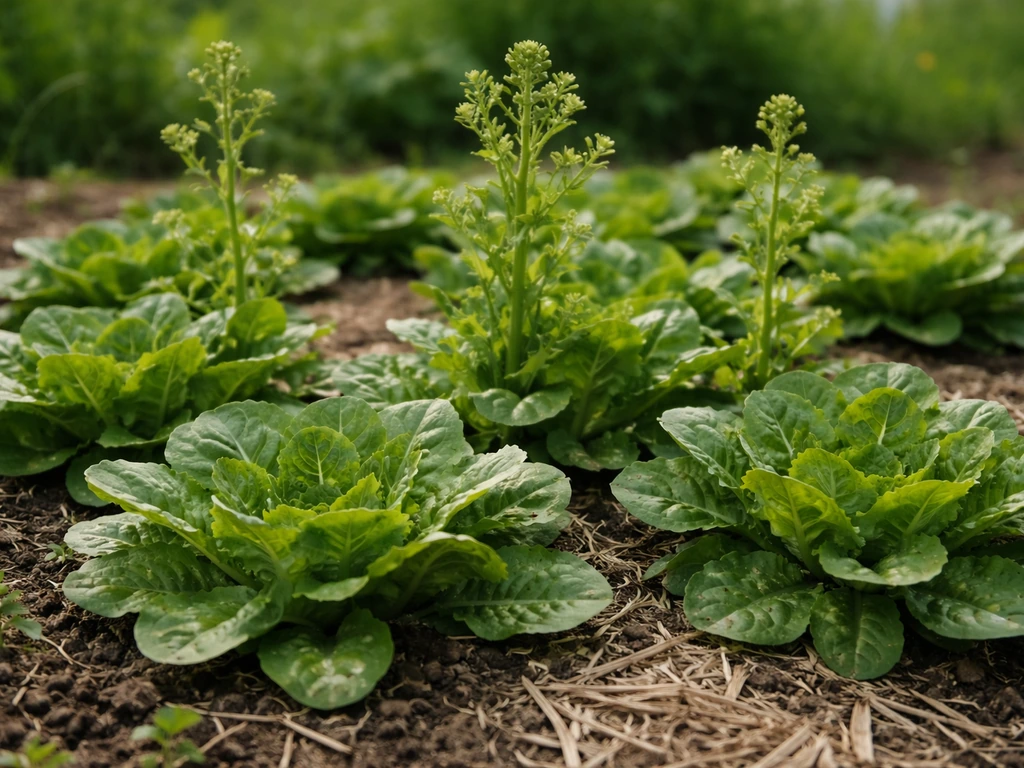 Lush wild lettuce rosettes growing outdoors in a small garden bed, vivid green leaves in natural light.