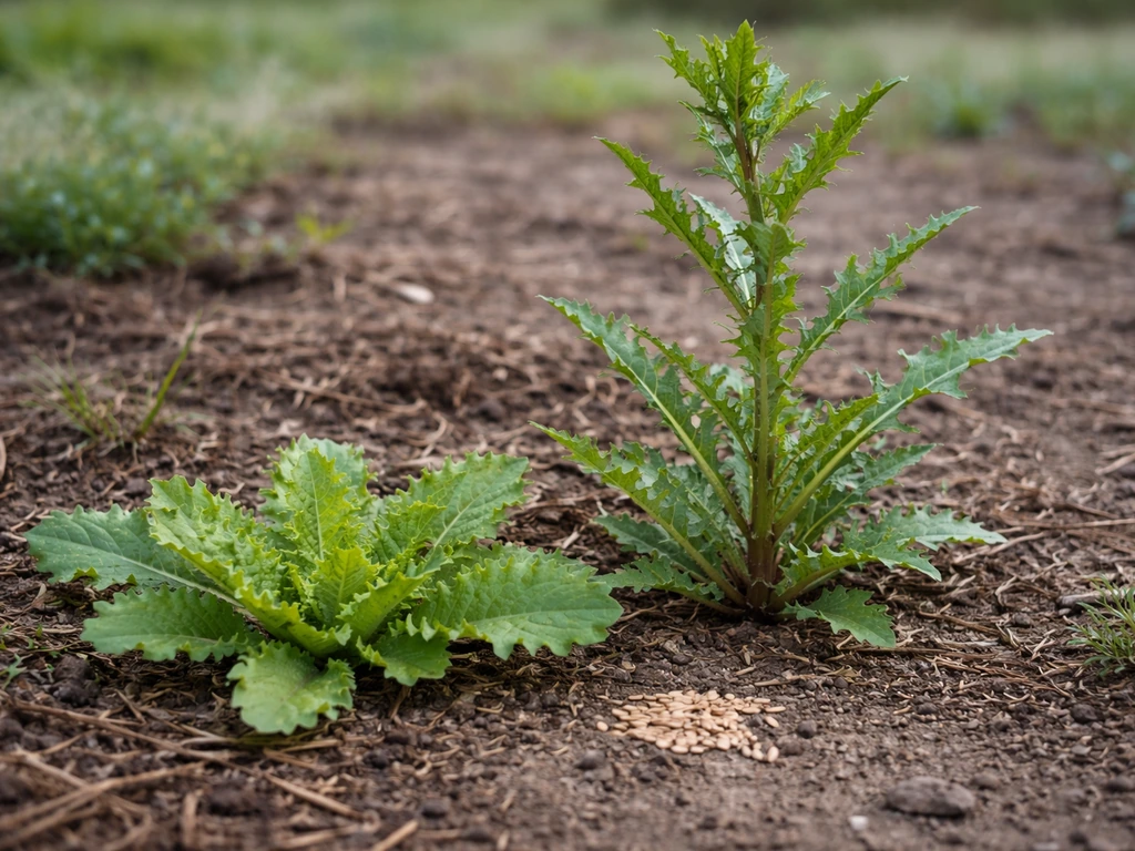 Wild lettuce rosette and tall stalk growing outdoors in early spring soil, seeds near the base.