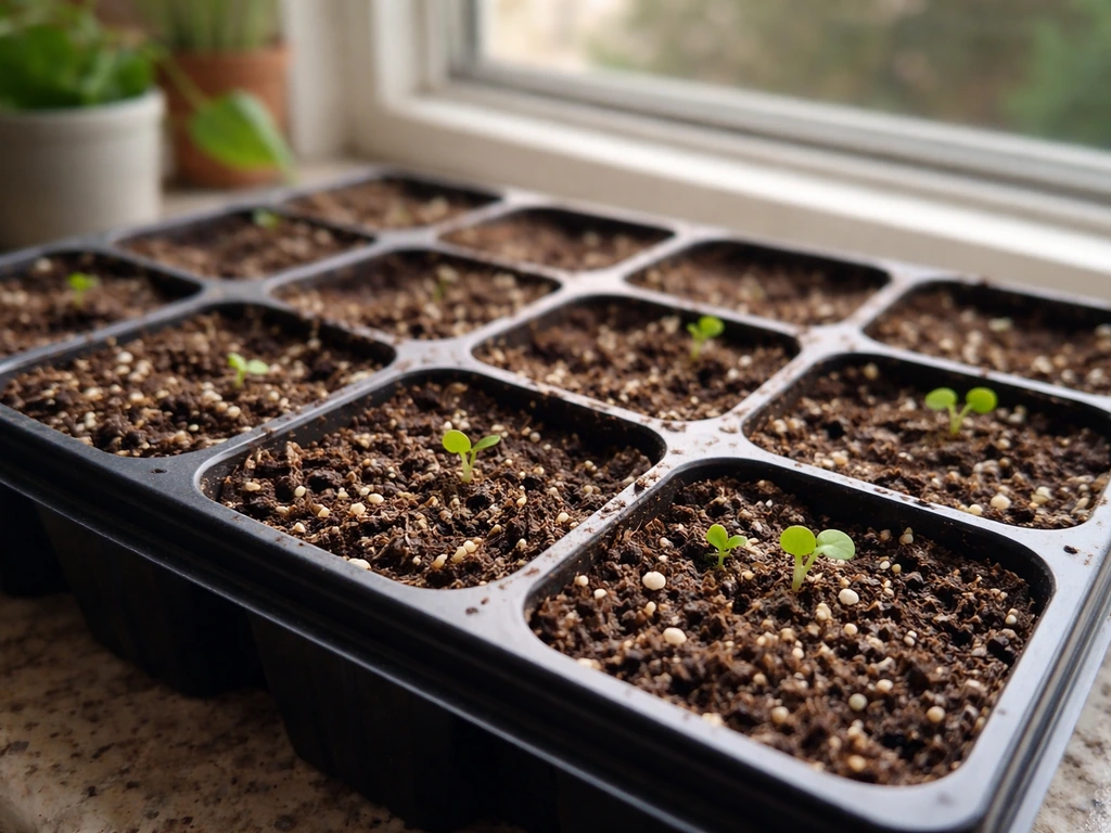 Seed-starting tray with shallow-sown wild lettuce seeds and tiny seedlings in natural window light.