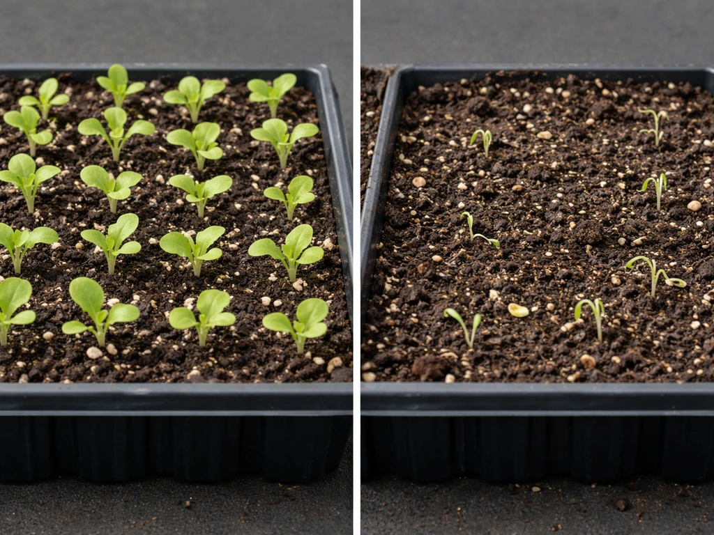Split photo of two seed trays: healthy wild lettuce seedlings on one side, poor germination and damping-off on the other