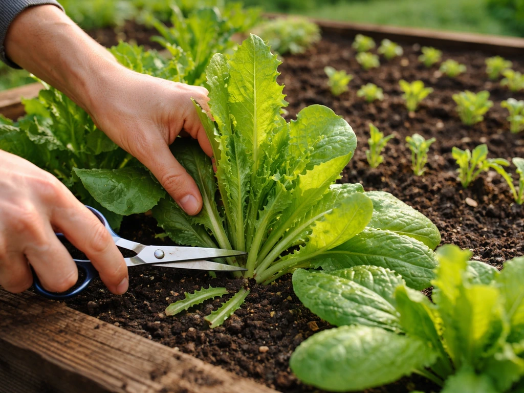 Hands harvesting outer wild lettuce leaves with clean scissors in a small garden bed