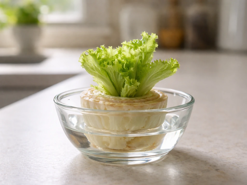Cut iceberg lettuce core regrowing into a small fresh lettuce head on a simple countertop.