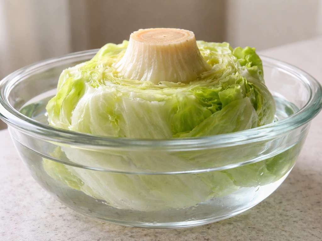 Close-up of an iceberg lettuce core in a shallow glass bowl with water, cut base ready to regrow.