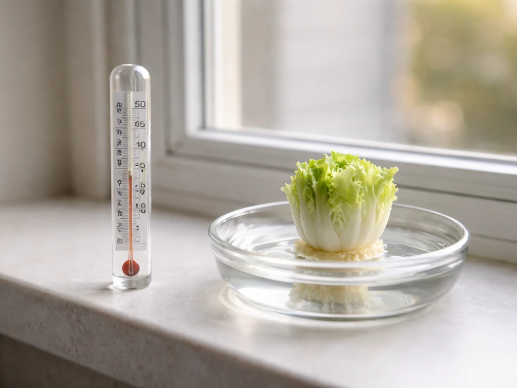 Cool-season gardening setup with a thermometer near a bright window and an iceberg lettuce core in water.