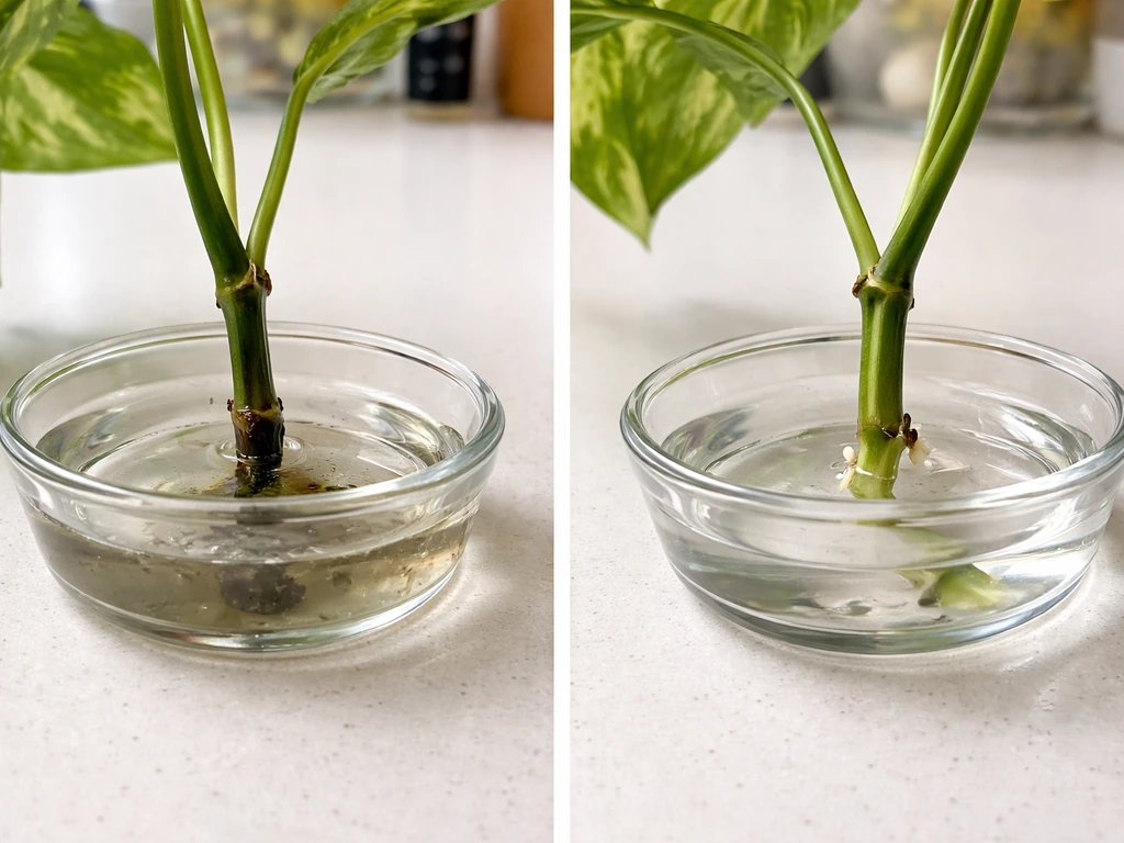 Split view of a plant cutting in water: rotting core on the left, healthy early root nubs on the right.