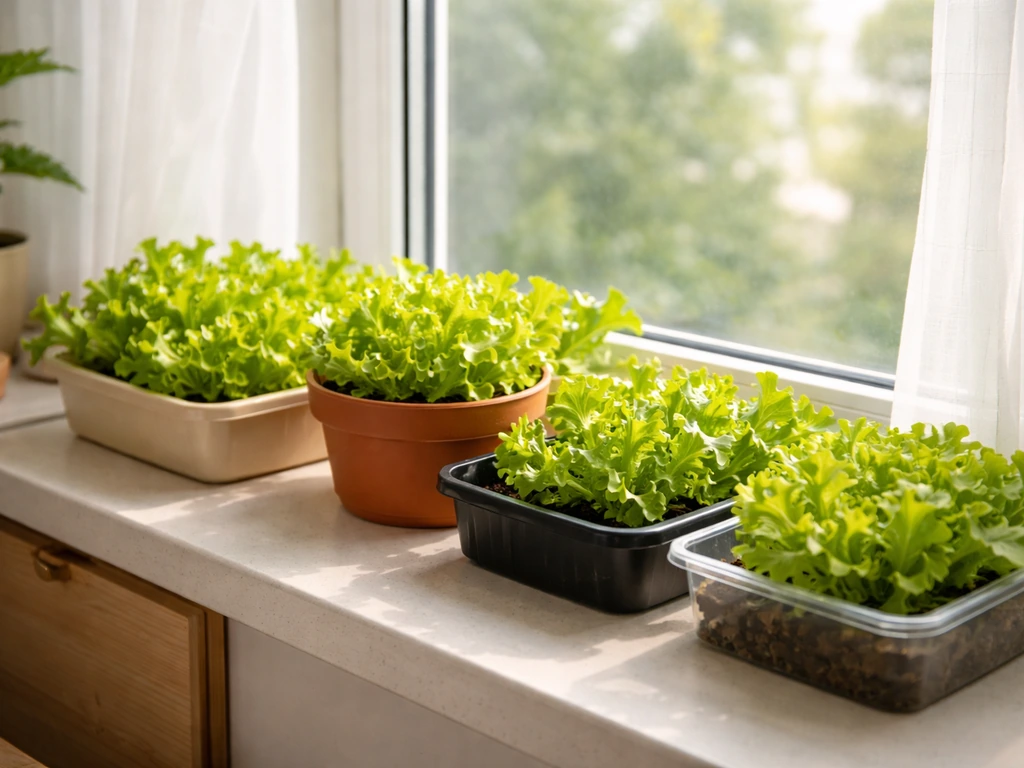 Indoor lettuce seedlings in pots on a windowsill with bright daylight, growing without a grow light