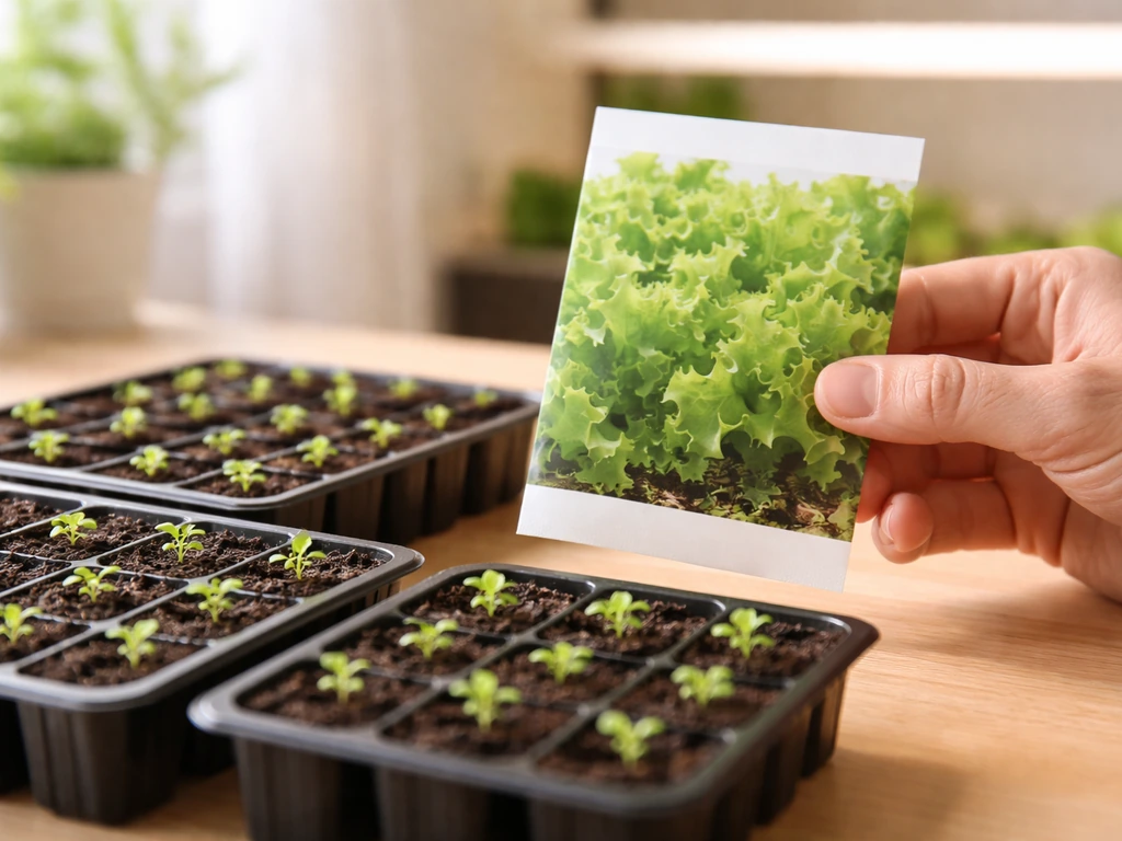 Hand holding a lettuce seed packet beside indoor seedling trays with small green seedlings.