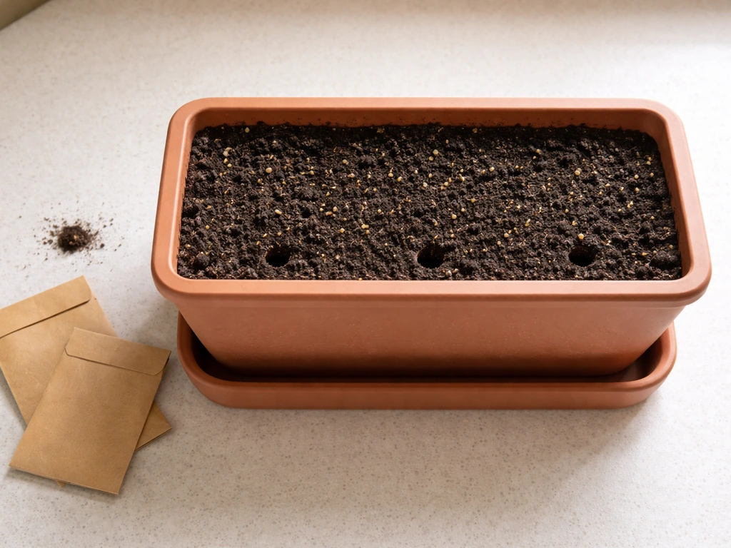 Top-down view of a shallow indoor lettuce planter with drainage holes, saucer, and potting soil.