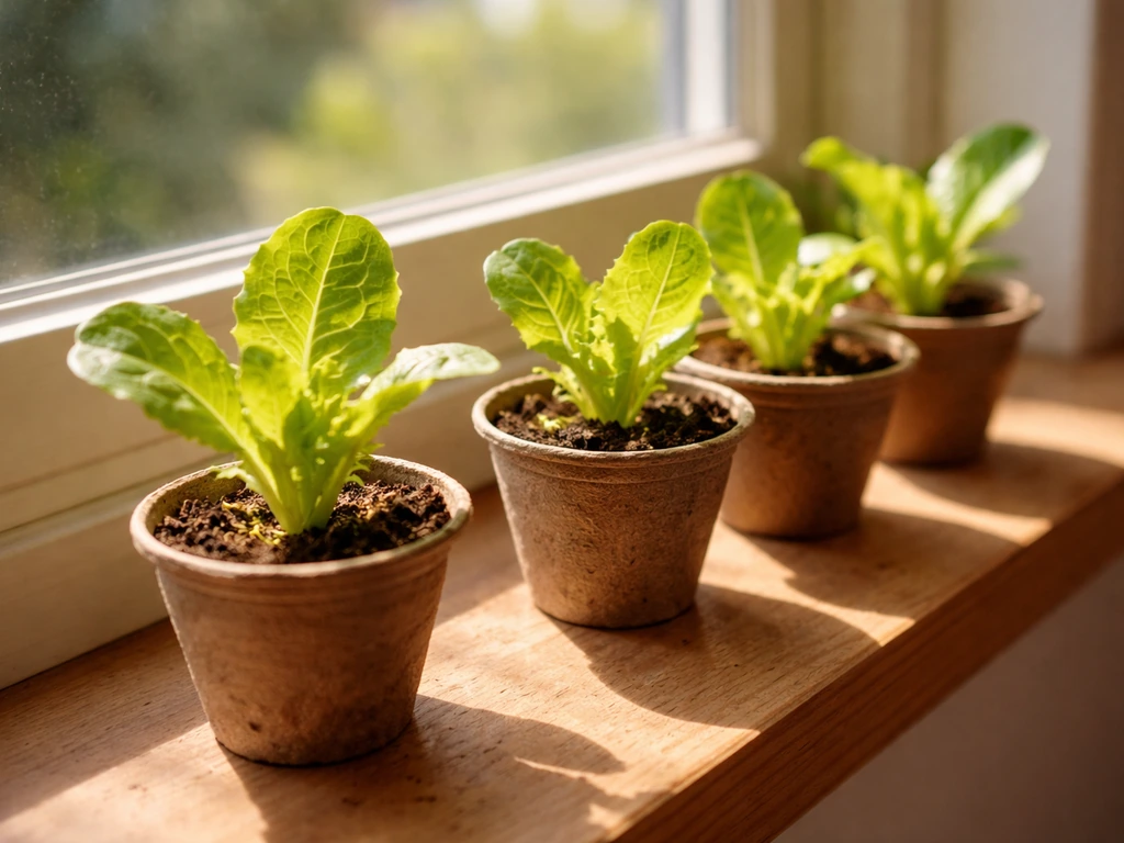 Green lettuce seedlings on a windowsill basking in bright direct sunlight