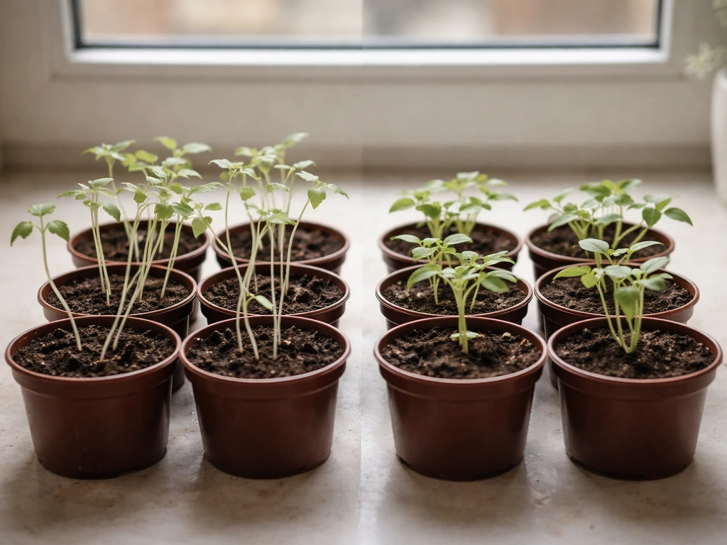 Leggy stretched seedlings beside compact healthy seedlings on a bright windowsill