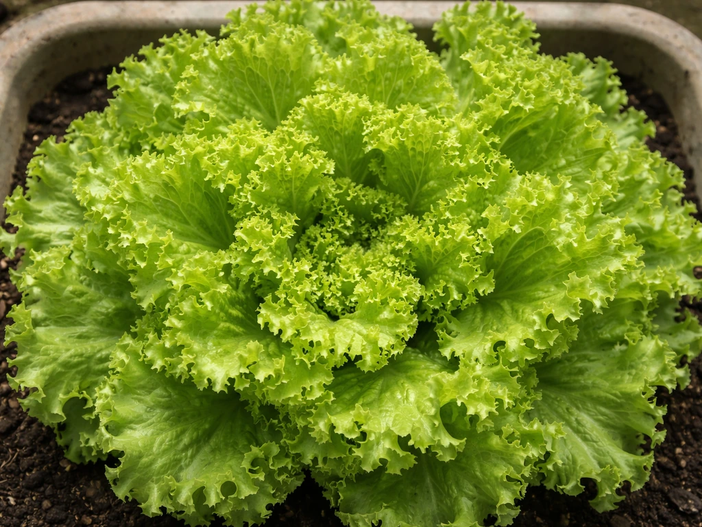 Close-up top-down view of crisp frilly Lollo Bionda lettuce leaves in a home container garden