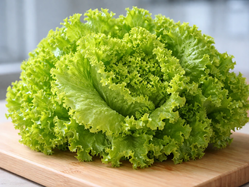 Close-up of light-green frilly Lollo Bionda lettuce rosette showing delicate leaf texture.