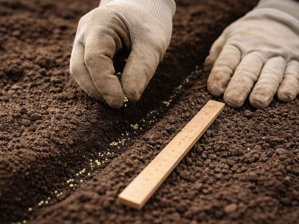 Gloved hands sow tiny lettuce seeds into a shallow furrow beside a ruler for ~1/4 inch depth.