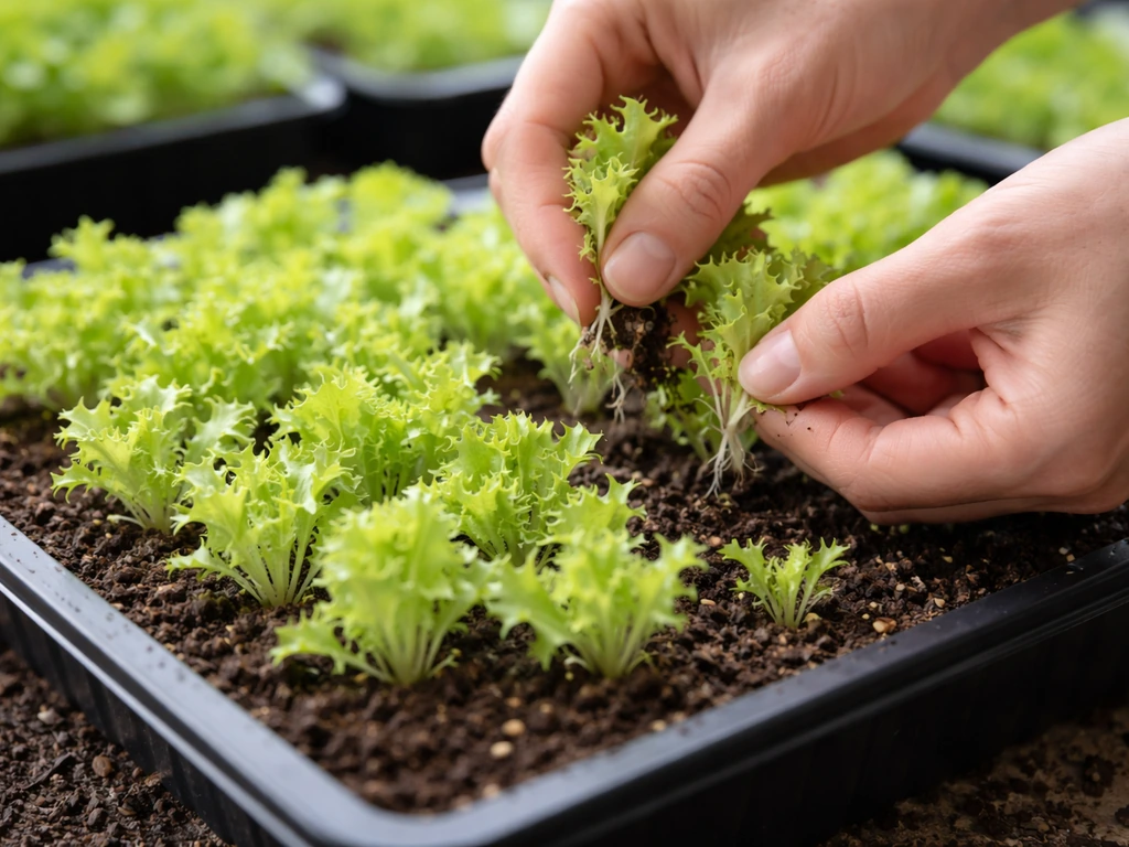 Hands thinning crowded lettuce seedlings, removing some to leave space for frilly growth.