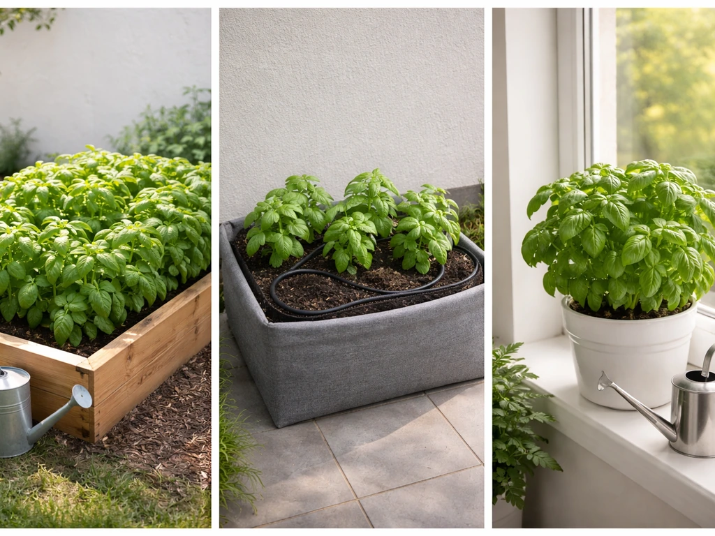 Three plants side-by-side: outdoor bed, patio container with soaker hose, and indoor windowsill with watering can.