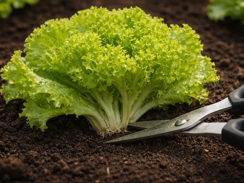 Lollo Bionda lettuce being harvested at the base, showing a frilly rosette and cut leaves.