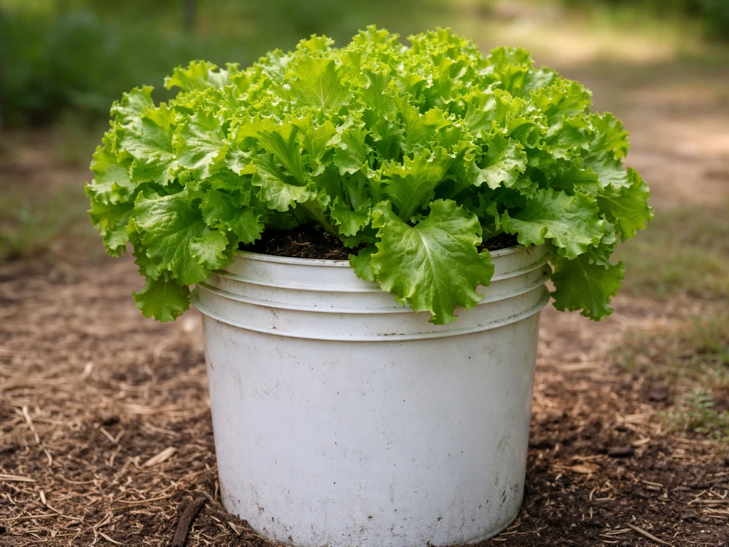Single 5-gallon bucket overflowing with healthy leafy lettuce in a simple outdoor garden setting.