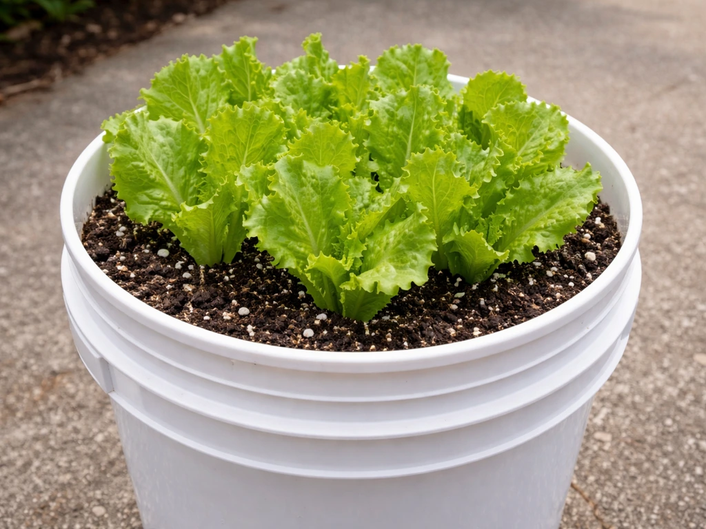 A 5-gallon bucket filled with tightly planted small lettuce seedlings in dark potting mix.