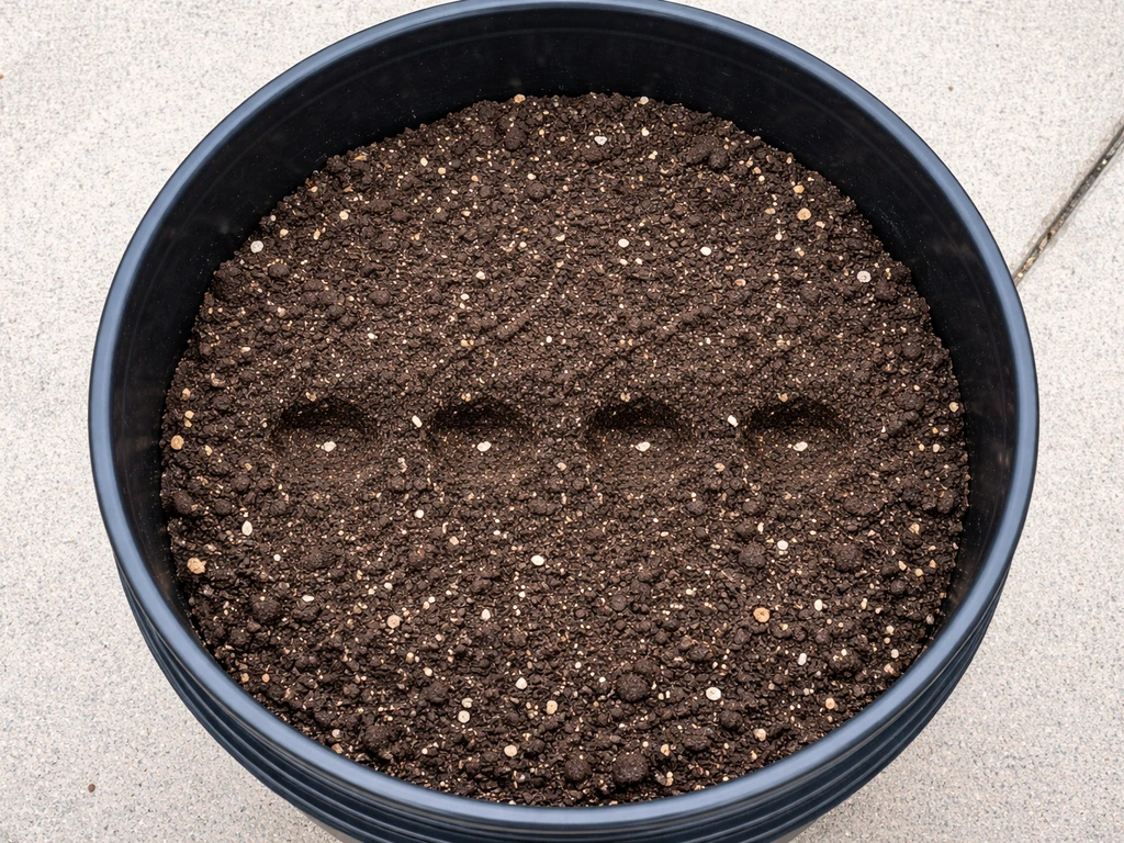 Top-down view of a 5-gallon bucket with shallow lettuce seed spots evenly spaced in soil.