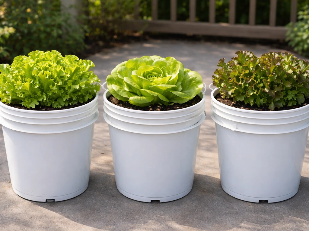 Row of bucket planters showing different lettuce types with looseleaf and butterhead leaf shapes.