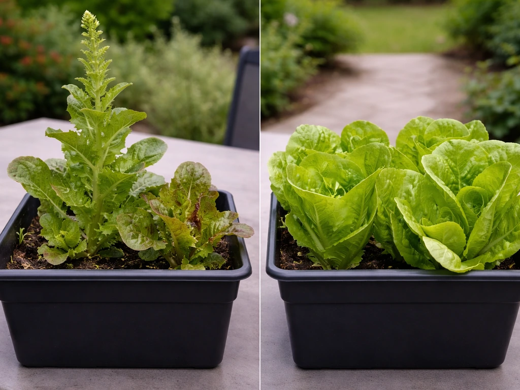 Two container lettuce planters side-by-side: one bolting with seed stalk, one healthy with crisp leaves.