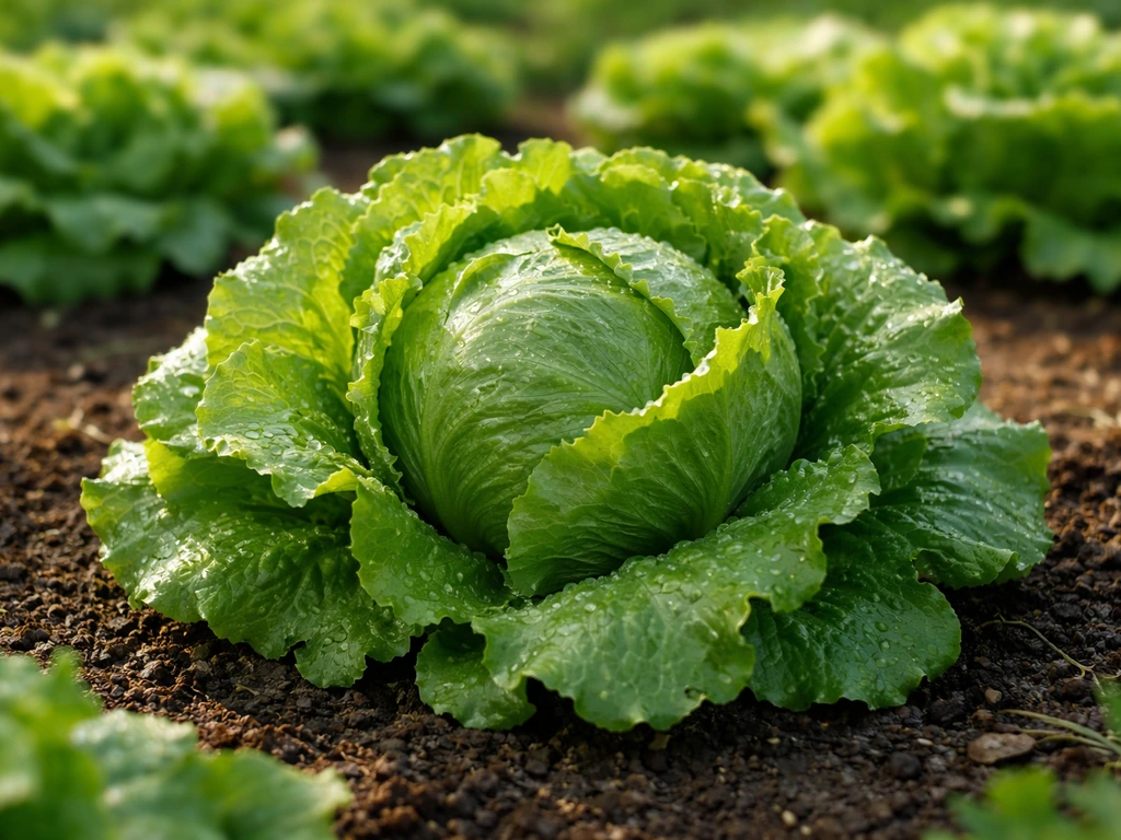 Crisp iceberg lettuce growing in a cool-season garden bed with dew on the leaves.
