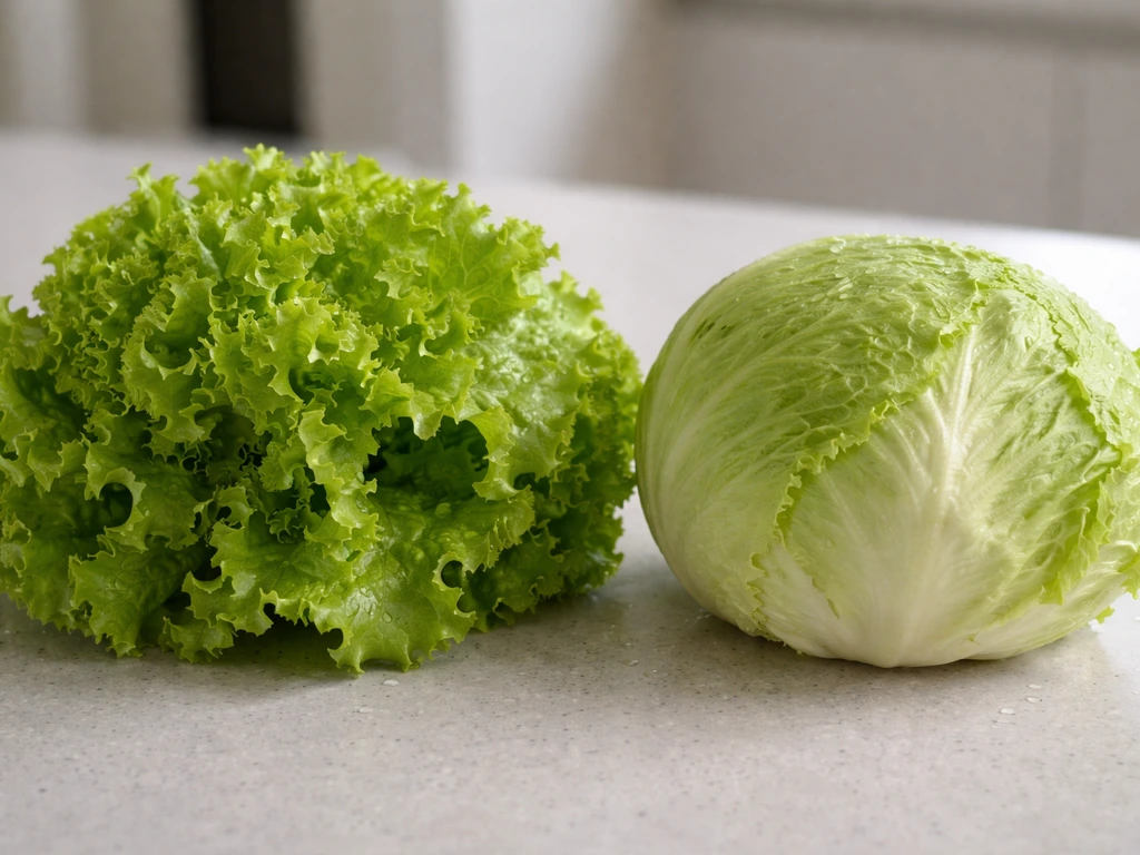 Two heads of lettuce side-by-side: loose-leaf leaves and crisphead iceberg, showing different textures.