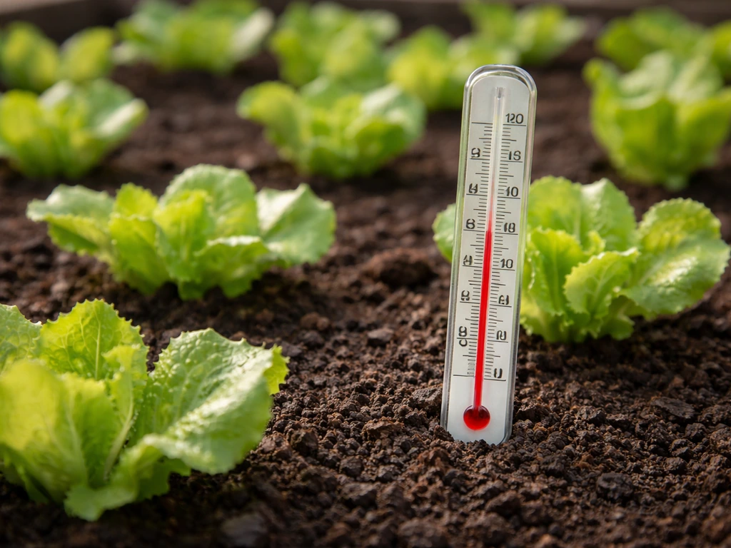 Thermometer showing 60°F beside fresh iceberg lettuce seedlings in a small garden bed.
