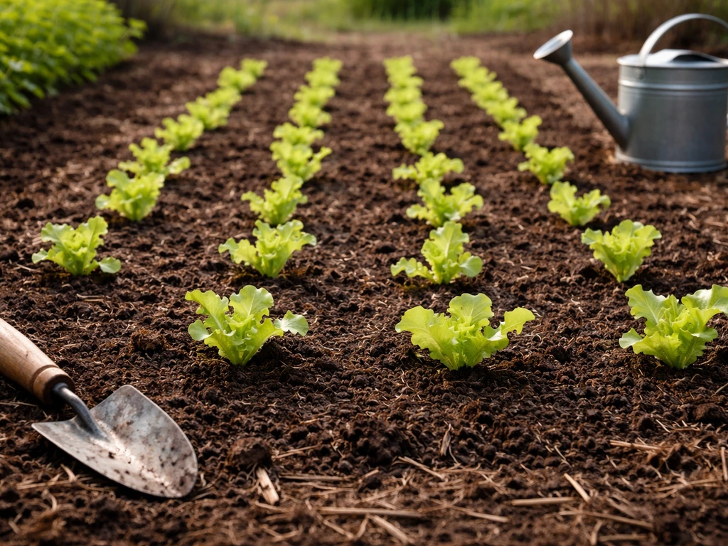 Young iceberg seedlings in neat row beds under natural light, early spring garden timing.