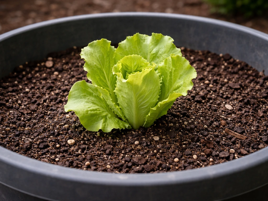 Close-up of a single iceberg lettuce seedling planted in a roomy container, showing soil depth and spacing.