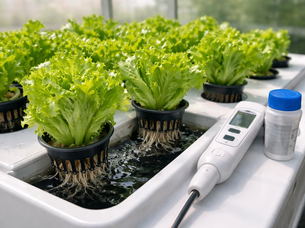 Close-up of iceberg lettuce in net pots over nutrient solution with hydroponic measuring tools nearby.