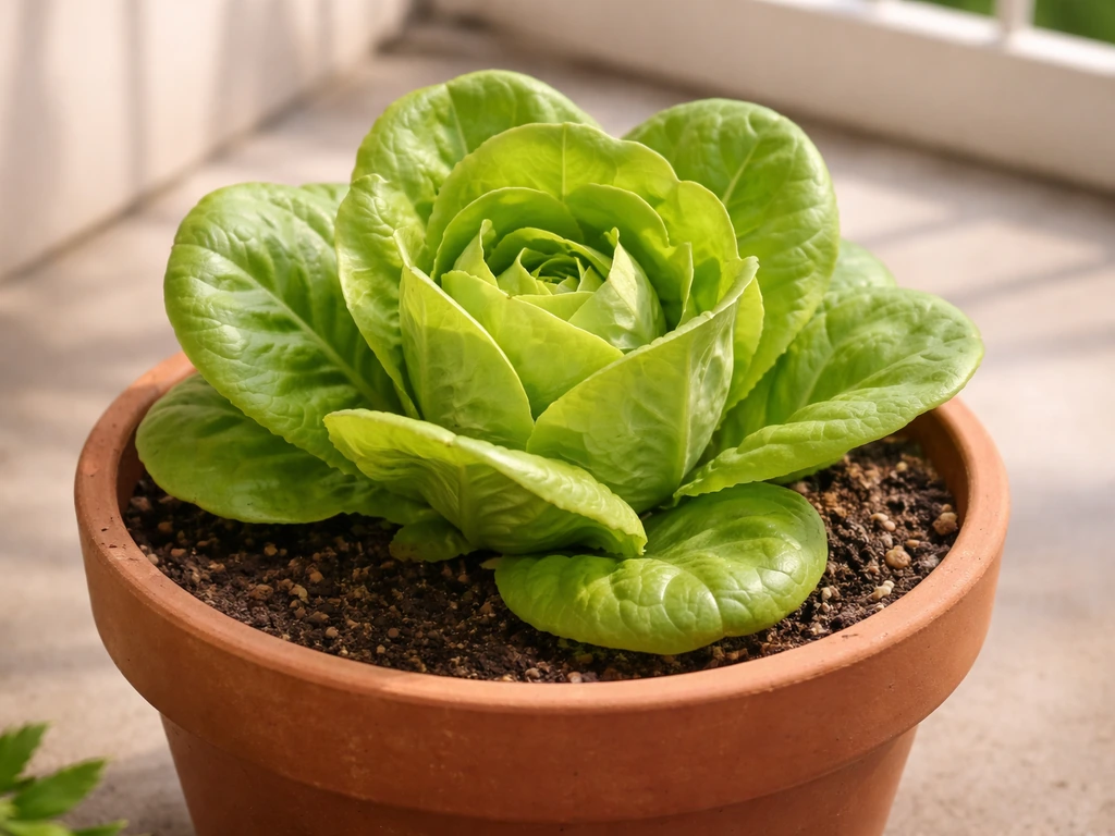 Thriving butter lettuce in a pot on a sunny patio balcony, pale-green heads ready to harvest.