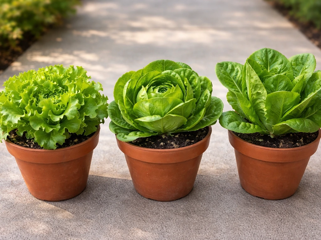 Three potted butter lettuce plants showing different leaf and head shapes side by side in soft natural light.