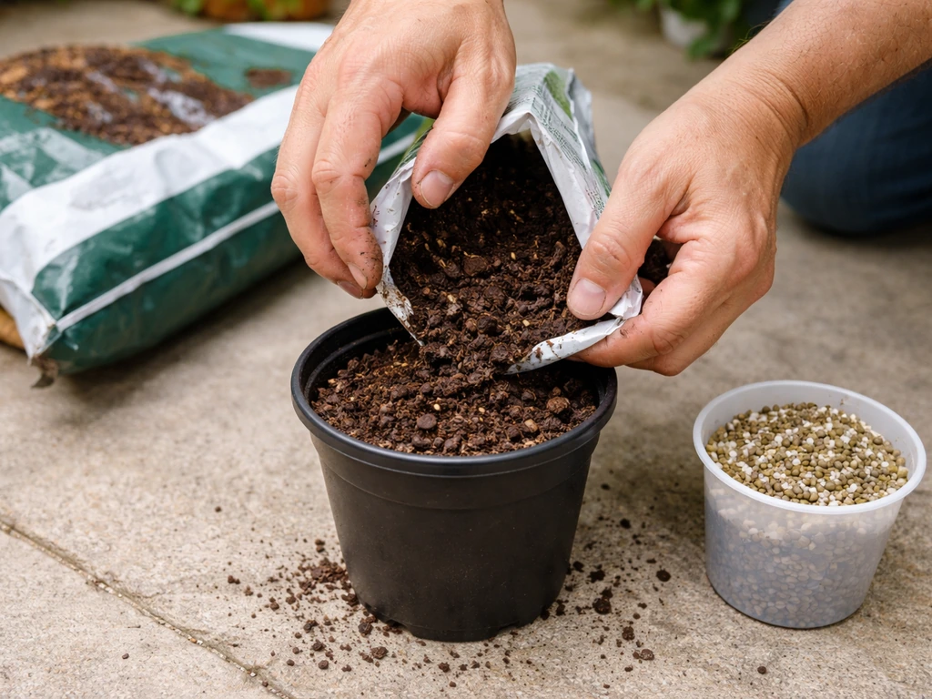 Hands filling a pot with moistened commercial potting mix in a small gardening setup