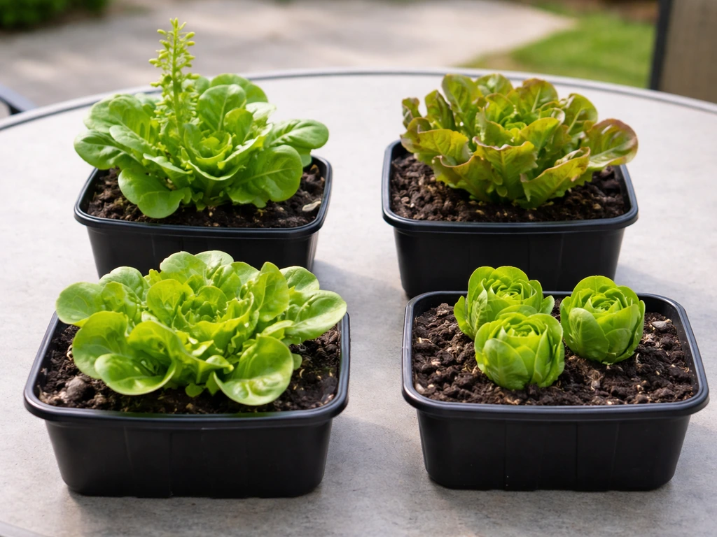 Four small container butter lettuce plants showing bolting, heat-stressed leaves, small heads, and uneven growth.