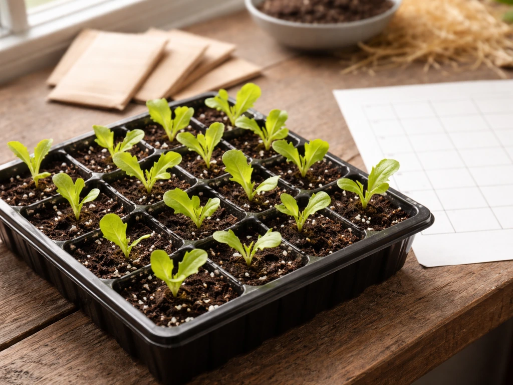 Close-up of lettuce seedlings in a seed tray beside a blank planning page and seasonal gardening props.