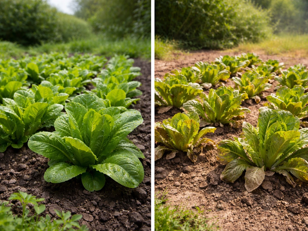 Split view of cool thriving lettuce versus warm heat-stressed lettuce in simple garden beds.