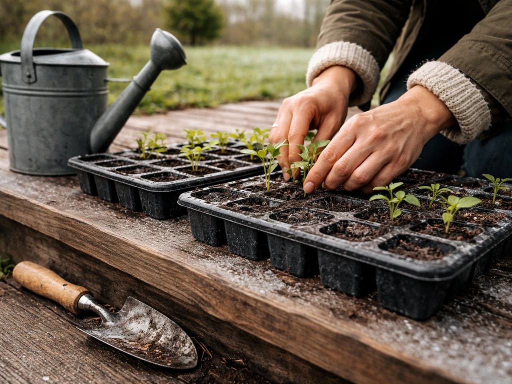 Hands planting small seedlings in seed-starting trays on a porch in cool spring weather.