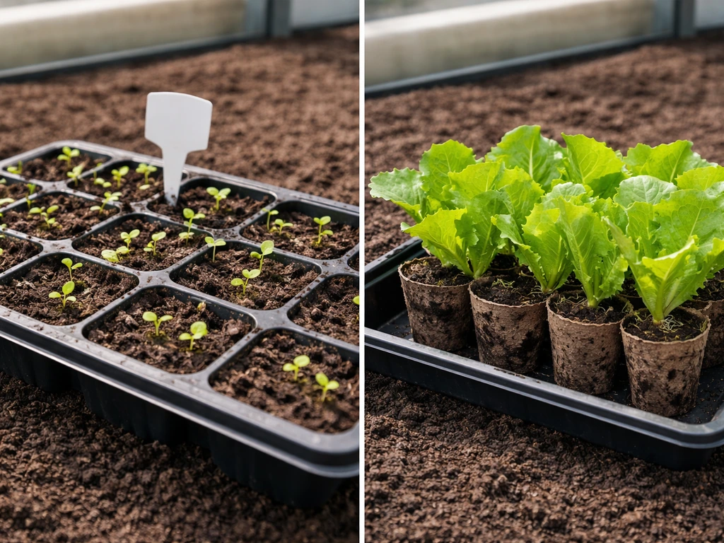 Side-by-side lettuce seedlings in a tray vs larger rooted transplants in small pots, natural light.