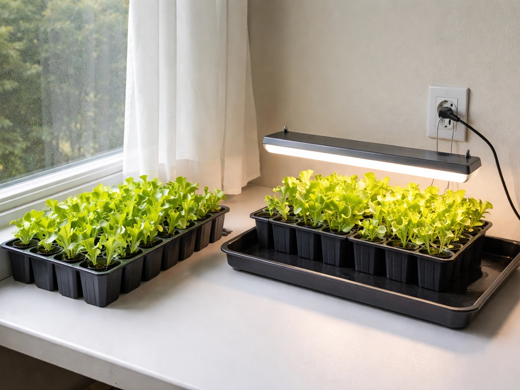 South-facing window lettuce seedlings in containers with an LED grow light glowing beside them.