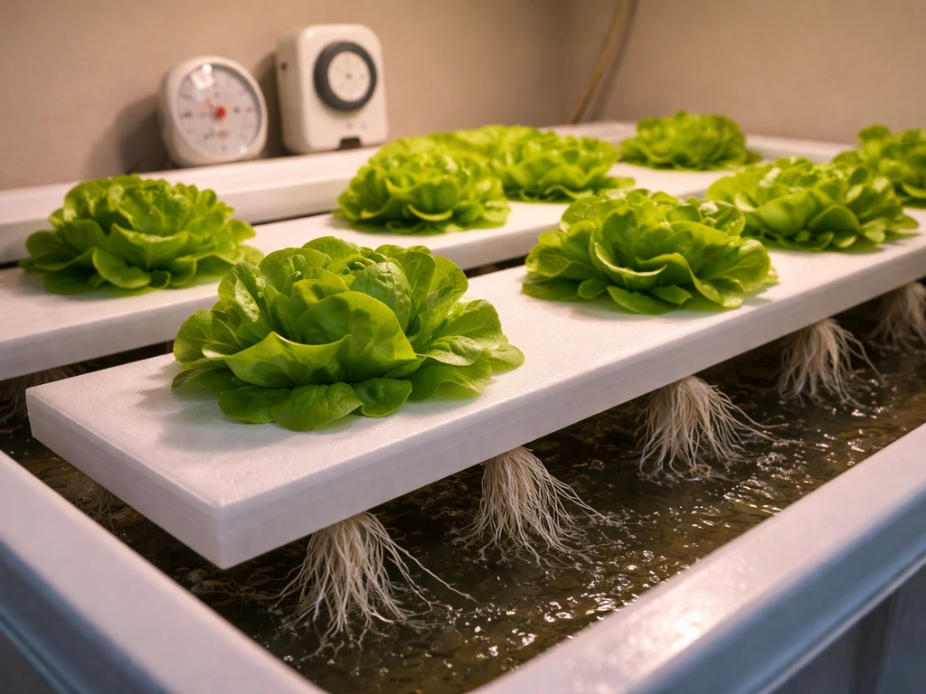 Hydroponic lettuce raft with roots in channels, small thermometer and dim grow light timer nearby