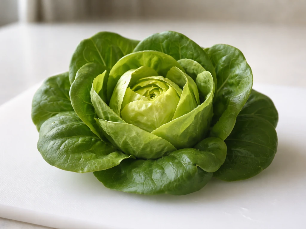 Fresh buttercrunch lettuce head with dark outer leaves and pale inner leaves, close-up on a clean cutting board