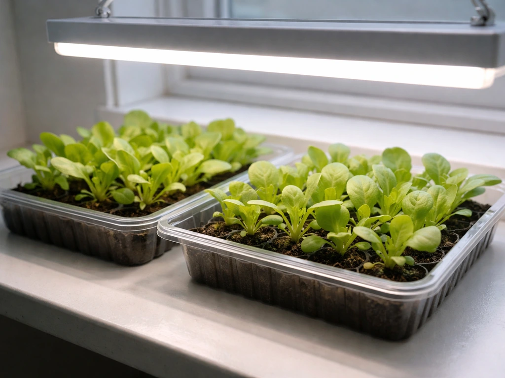 Buttercrunch lettuce seedlings under a grow light in a simple indoor tray on a shelf.