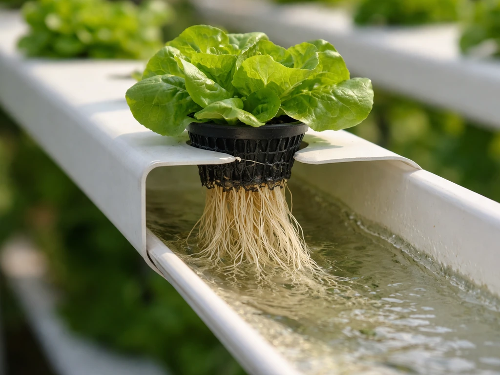 Close view of hydroponic buttercrunch in an NFT channel with visible roots and fresh green leaves.