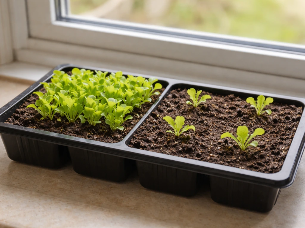 Garden seedlings in trays, thinned in stages showing wider spacing for healthier growth.