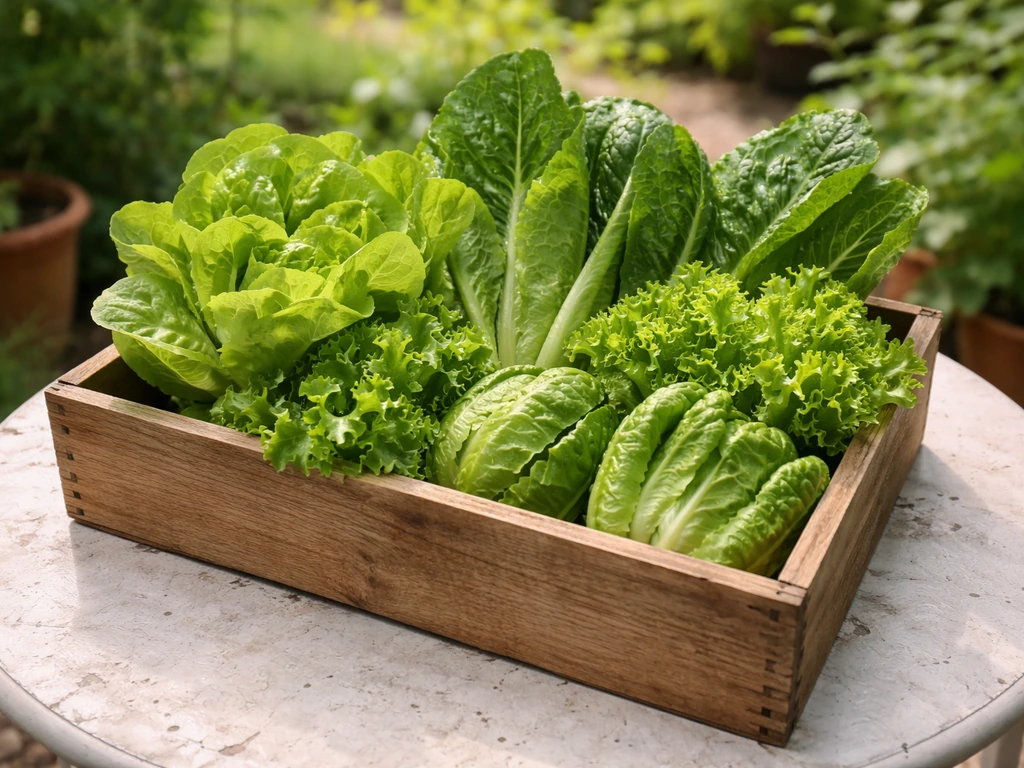 Fresh mixed lettuce varieties in a wooden crate, photographed on a patio table in natural light.