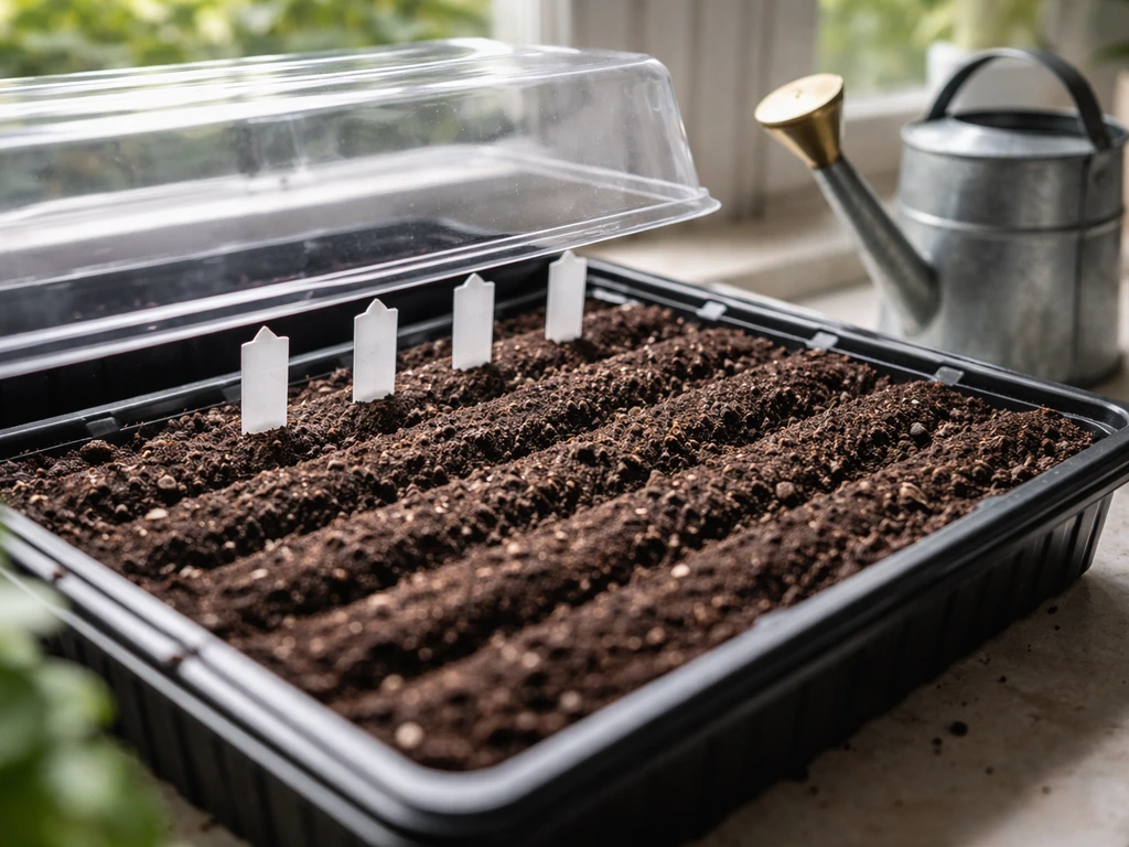 Indoor lettuce seed tray with moist potting mix and evenly spaced sowing under gentle natural light.