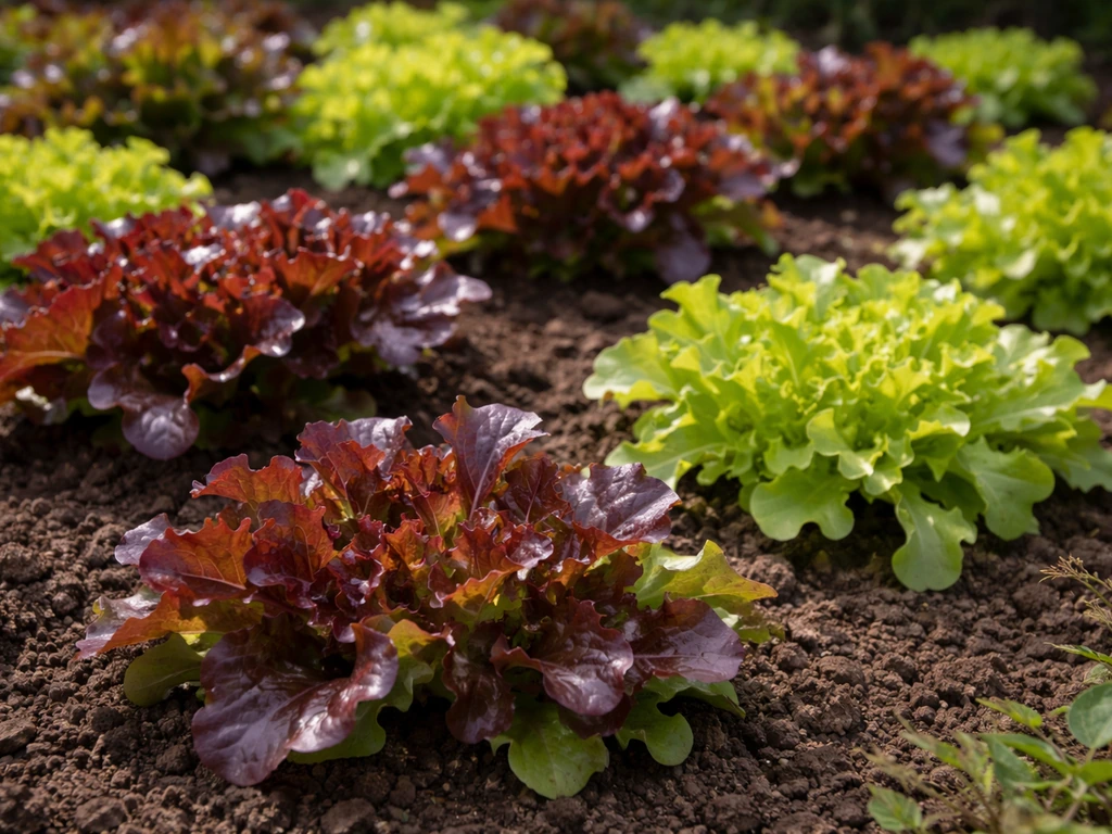 Close-up of red and green loose-leaf lettuce in spaced rows in a garden bed