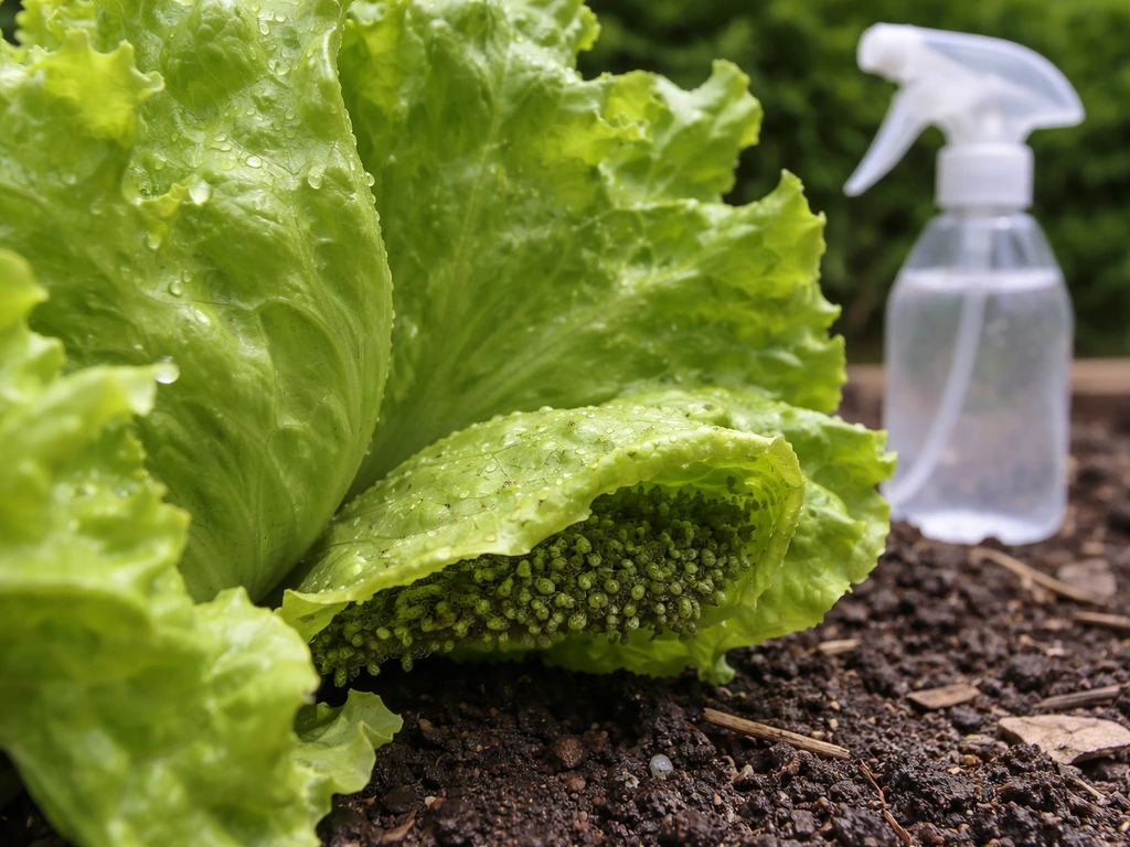 Lettuce plant with aphids under leaves, with insect-soap spray bottle nearby