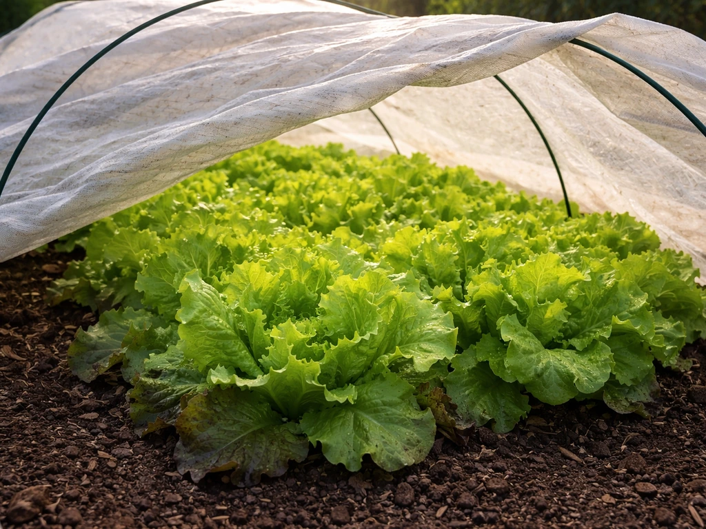 Lettuce bed under shade cloth with visibly healthier, less wilted green leaves